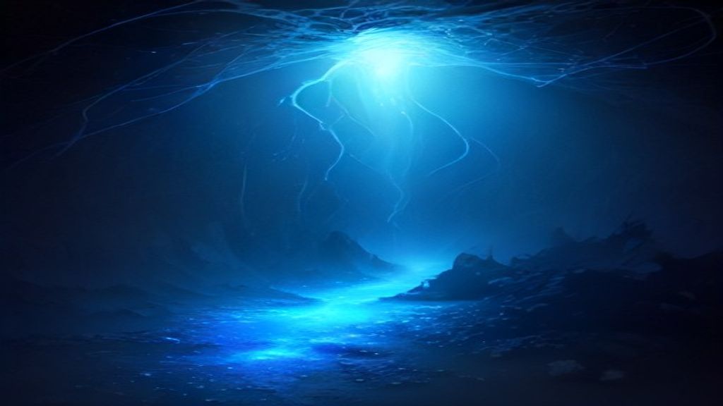 A blue stream of light on the floor of a dark ravine